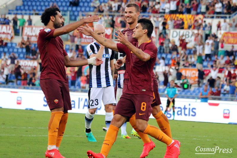 La Roma batte l' Udinese 4-0 con due rigori di Perotti, poi reti di Dzeko e Salah [Foto Cosimo Martemucci]